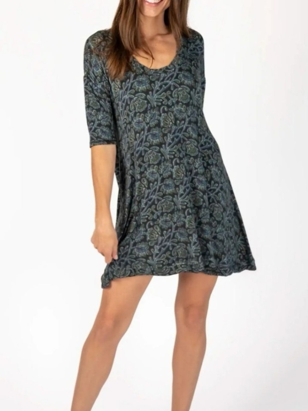 NATURAL LIFE Green and Blue Floral Swing Mini Dress